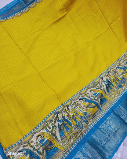 Semi Dola Silk Digital Printed Madhubani Border Saree - Yellow Body & Blue Border