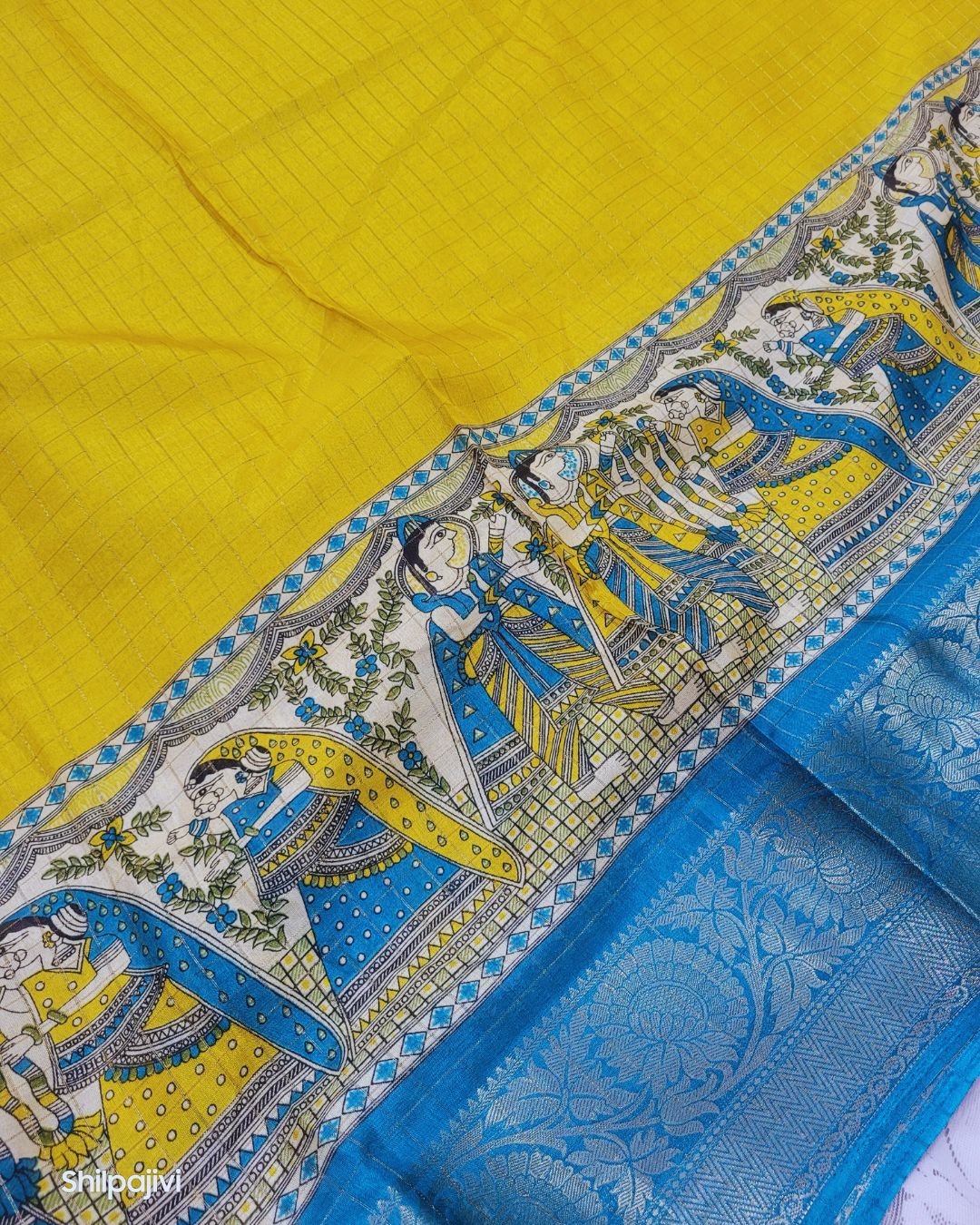 Semi Dola Silk Digital Printed Madhubani Border Saree - Yellow Body & Blue Border