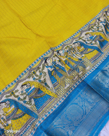 Semi Dola Silk Digital Printed Madhubani Border Saree - Yellow Body & Blue Border