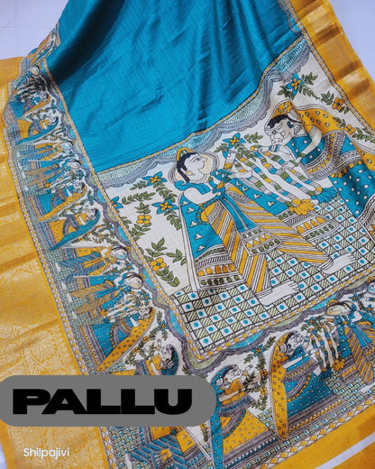 Semi Dola Silk Digital Printed Madhubani Border Saree - Yellow Body & Blue Border