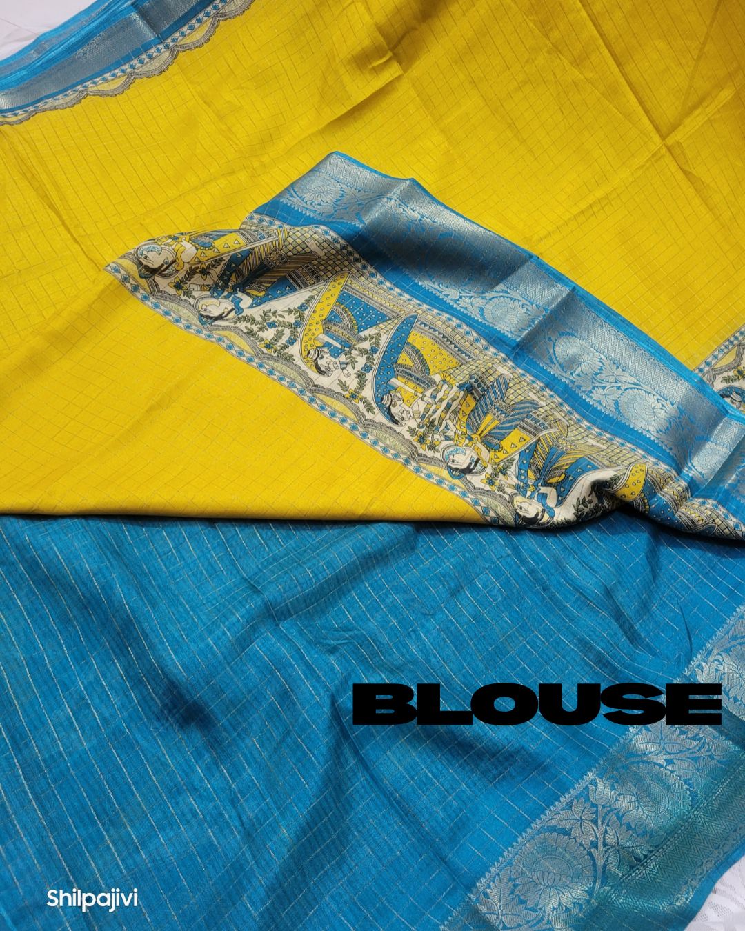 Semi Dola Silk Digital Printed Madhubani Border Saree - Yellow Body & Blue Border