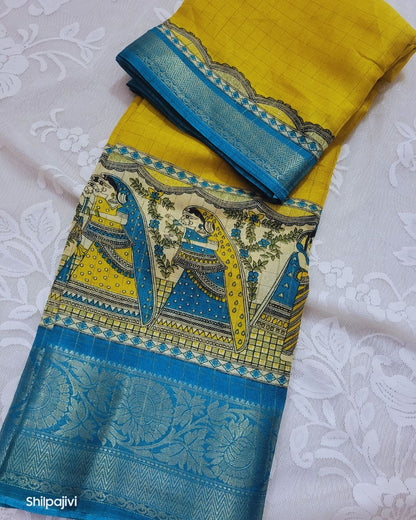 Semi Dola Silk Digital Printed Madhubani Border Saree - Yellow Body & Blue Border
