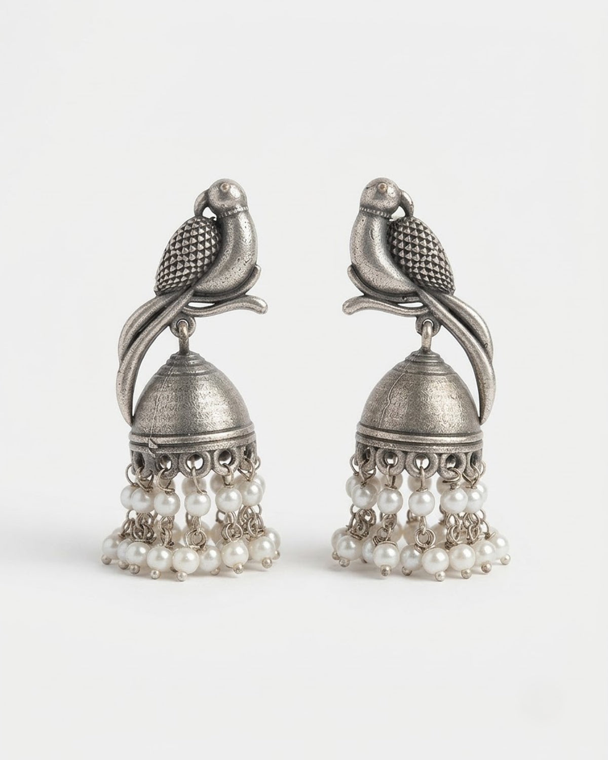 Suraiya Oxidized Silver Parrot Jhumka Earrings with Pearl Drops