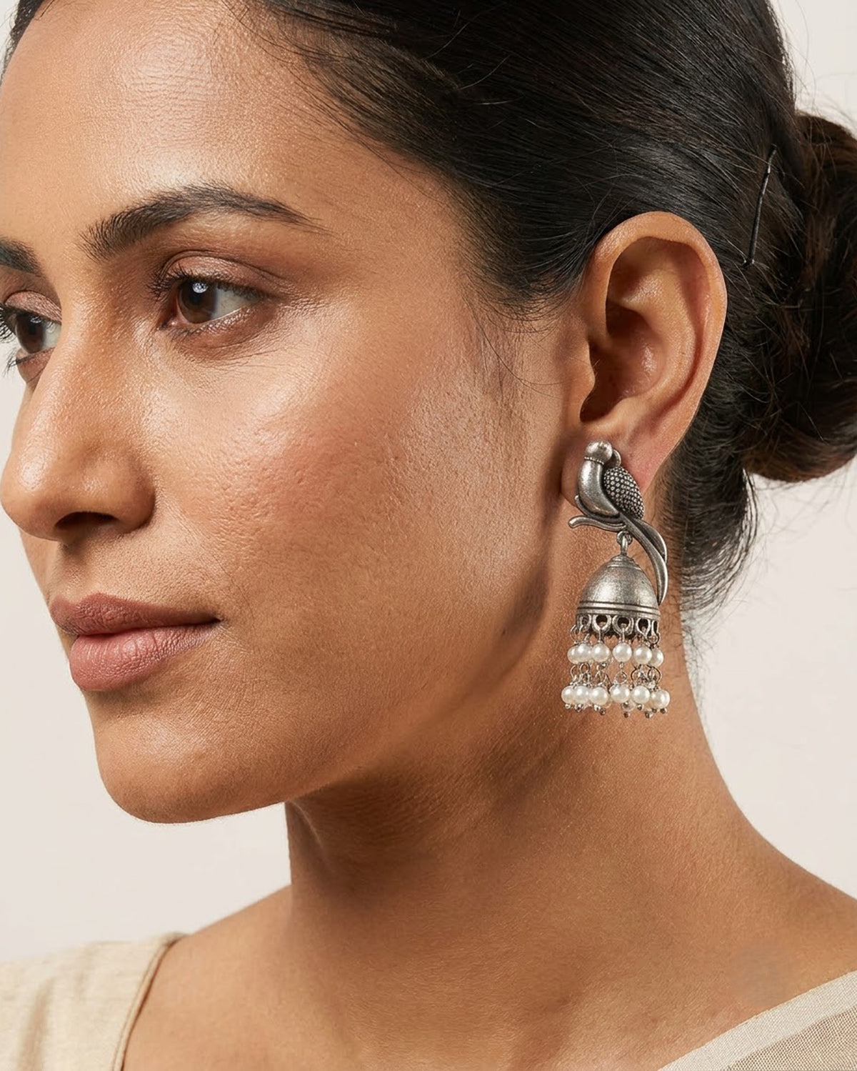 Suraiya Oxidized Silver Parrot Jhumka Earrings with Pearl Drops