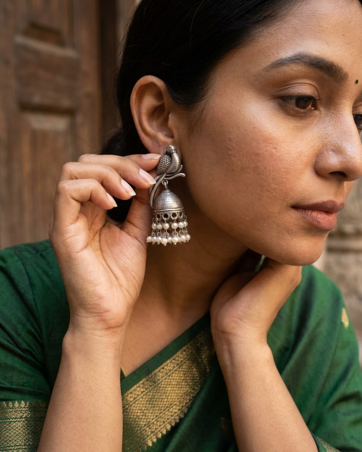 Suraiya Oxidized Silver Parrot Jhumka Earrings with Pearl Drops