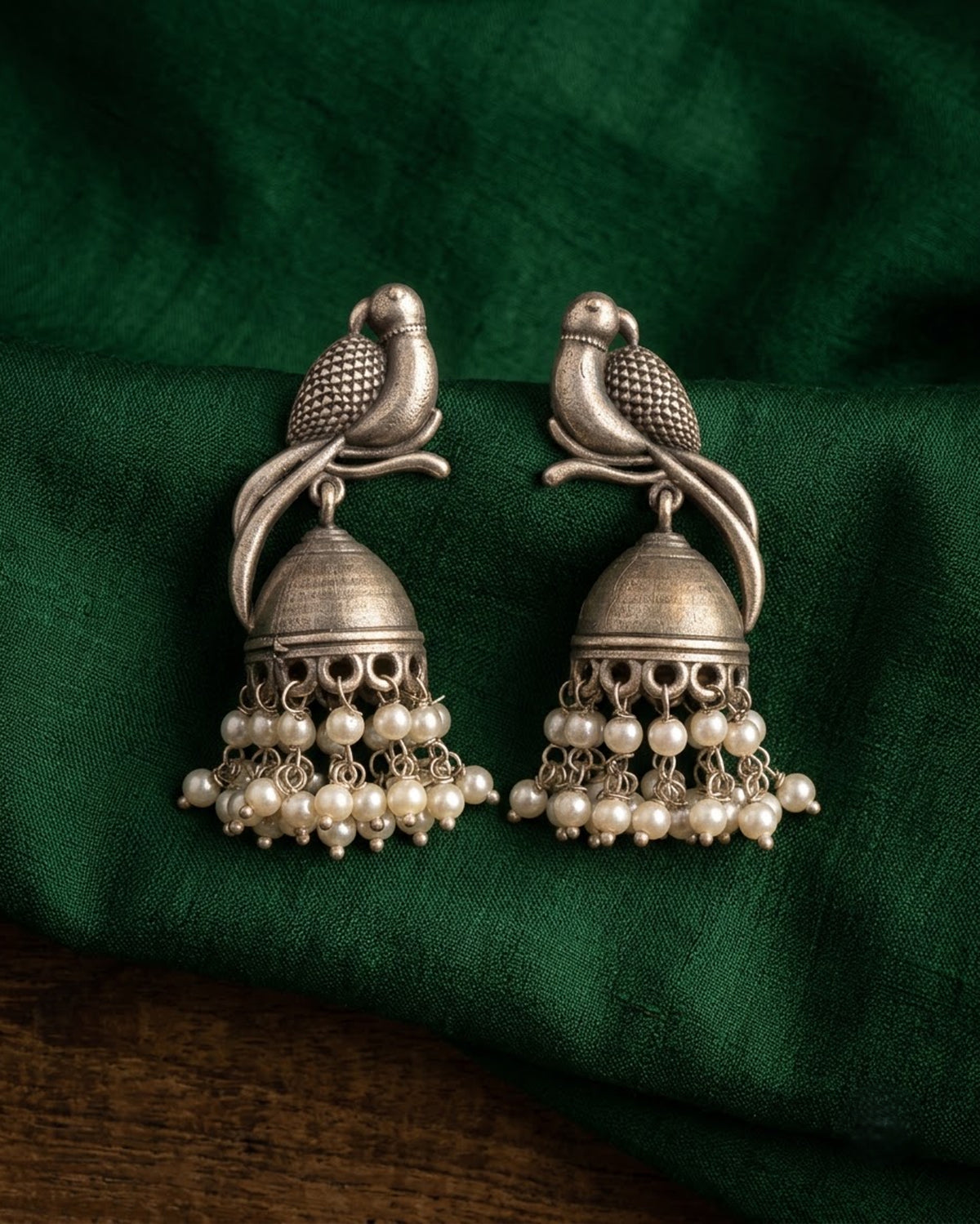 Suraiya Oxidized Silver Parrot Jhumka Earrings with Pearl Drops