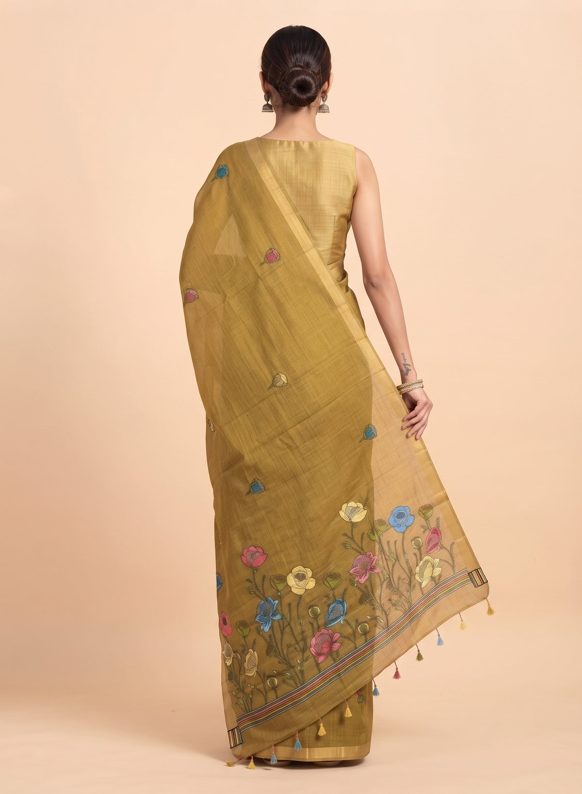 Surya Mustard Self-Striped Linen Cotton Saree