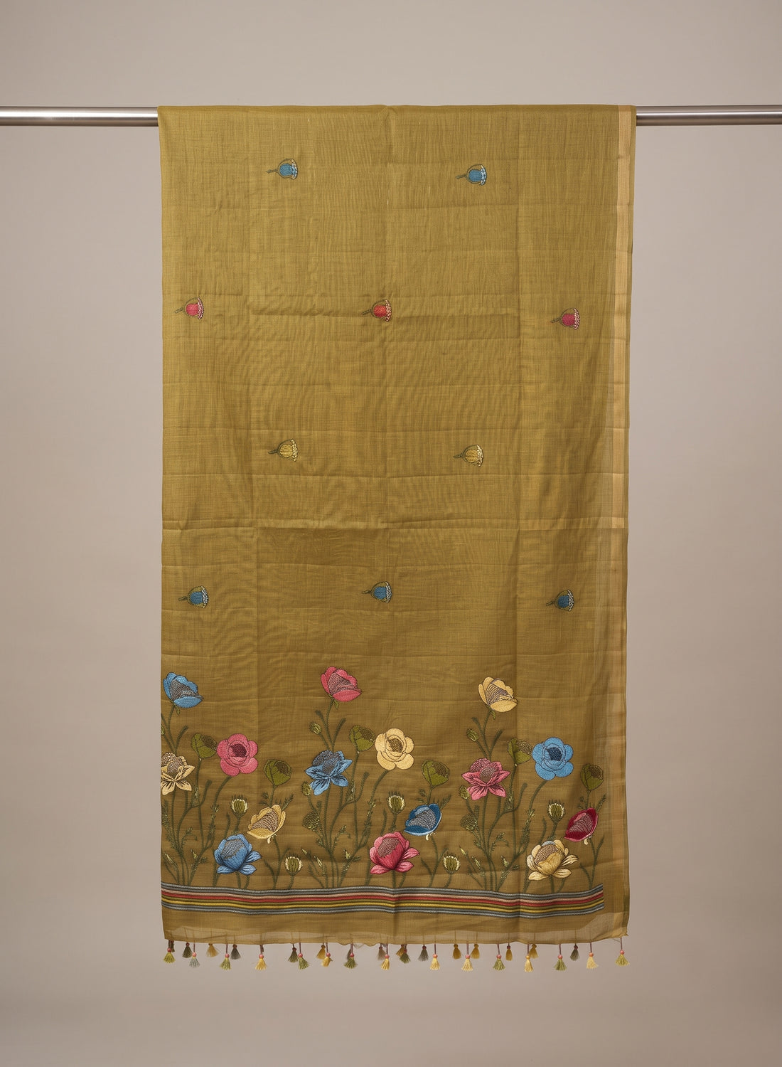 Surya Mustard Self-Striped Linen Cotton Saree