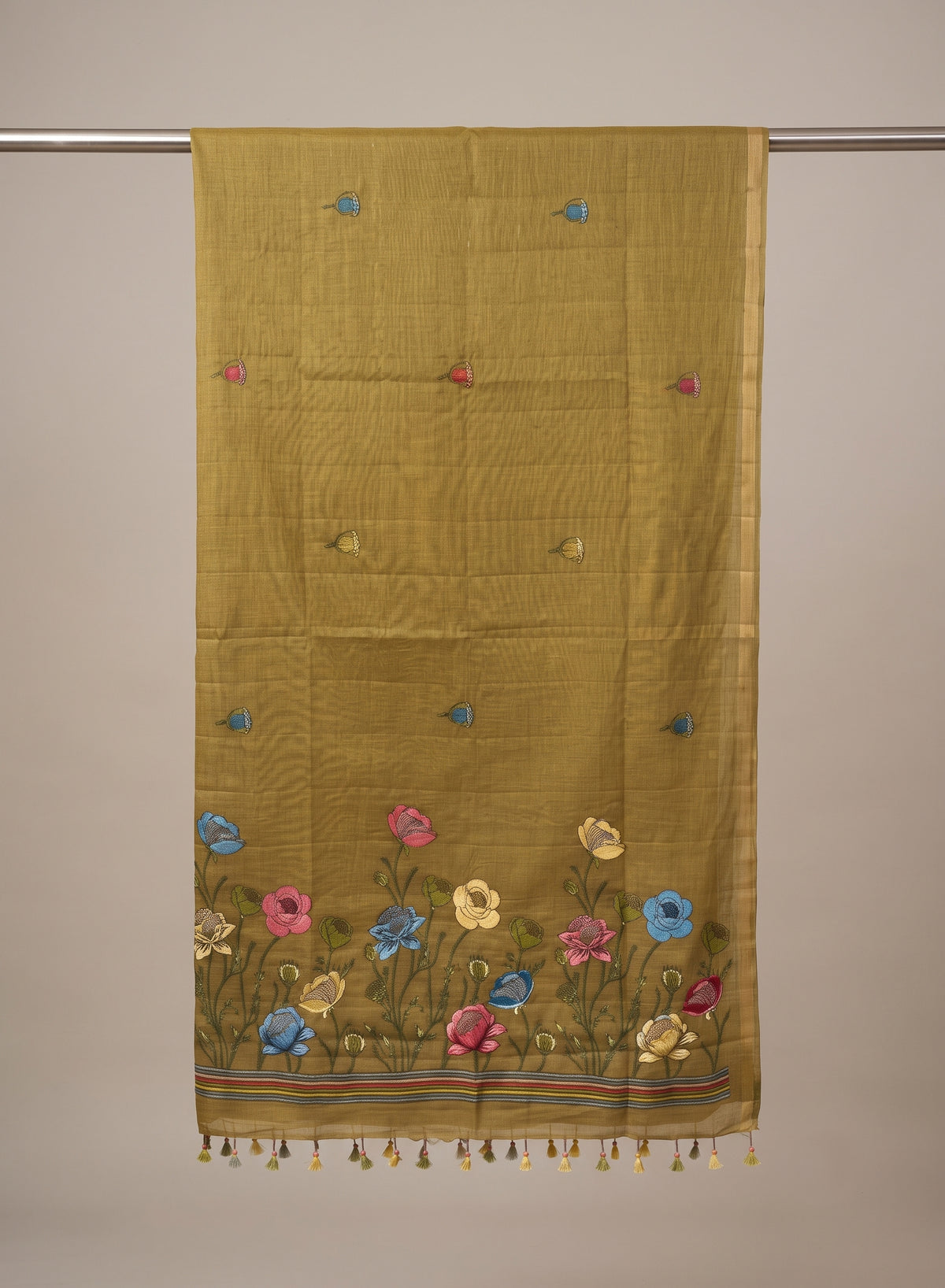Surya Mustard Self-Striped Linen Cotton Saree