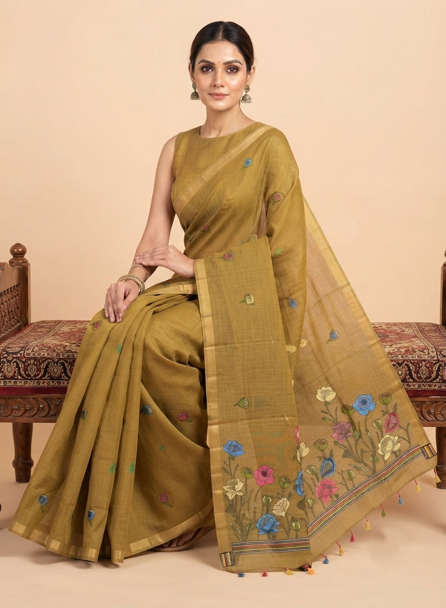 Surya Mustard Self-Striped Linen Cotton Saree