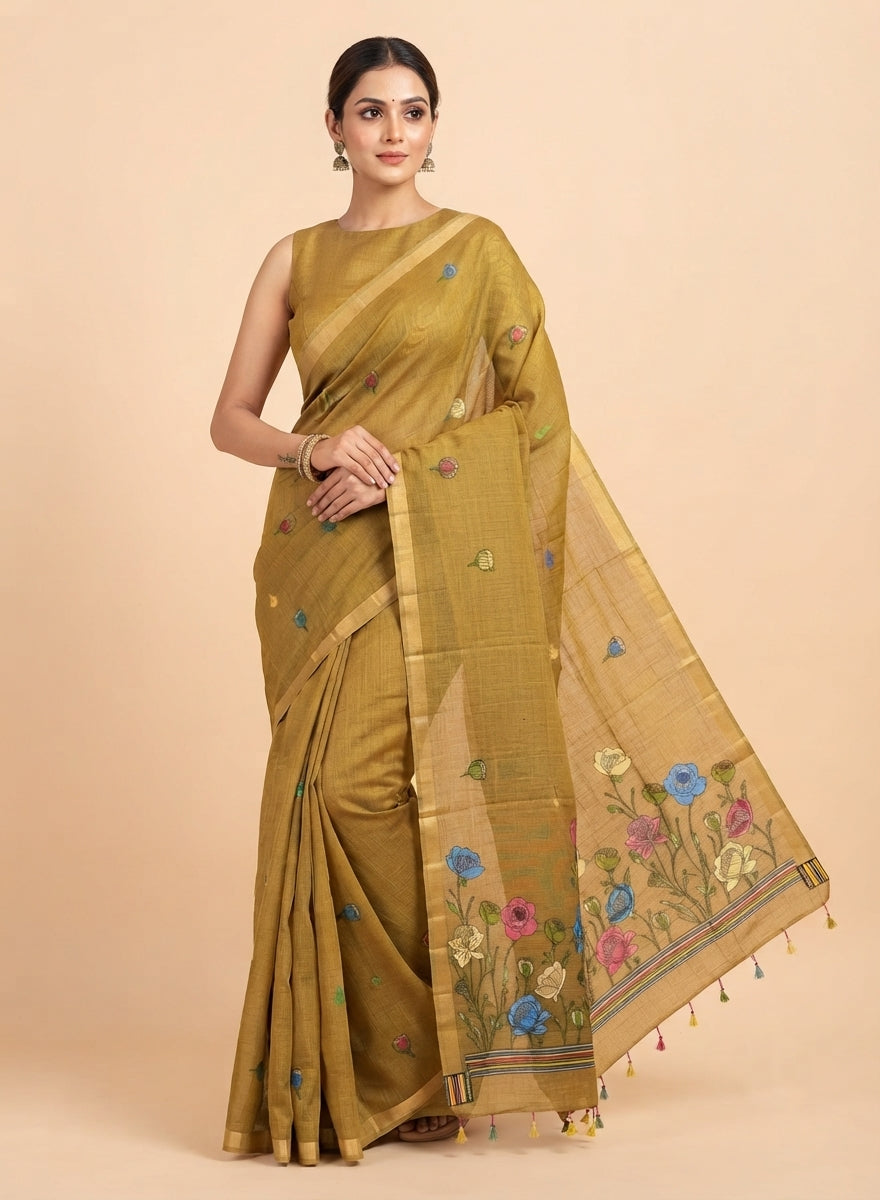 Surya Mustard Self-Striped Linen Cotton Saree