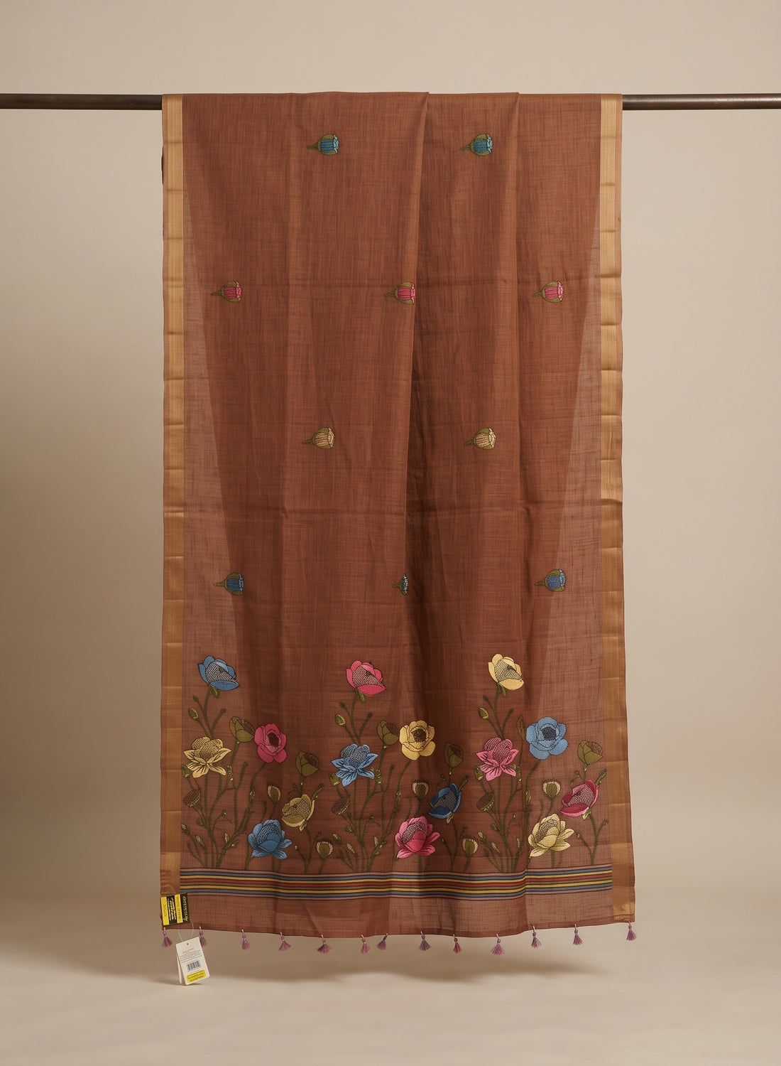 Tamra Rust Self-Striped Linen Cotton Saree