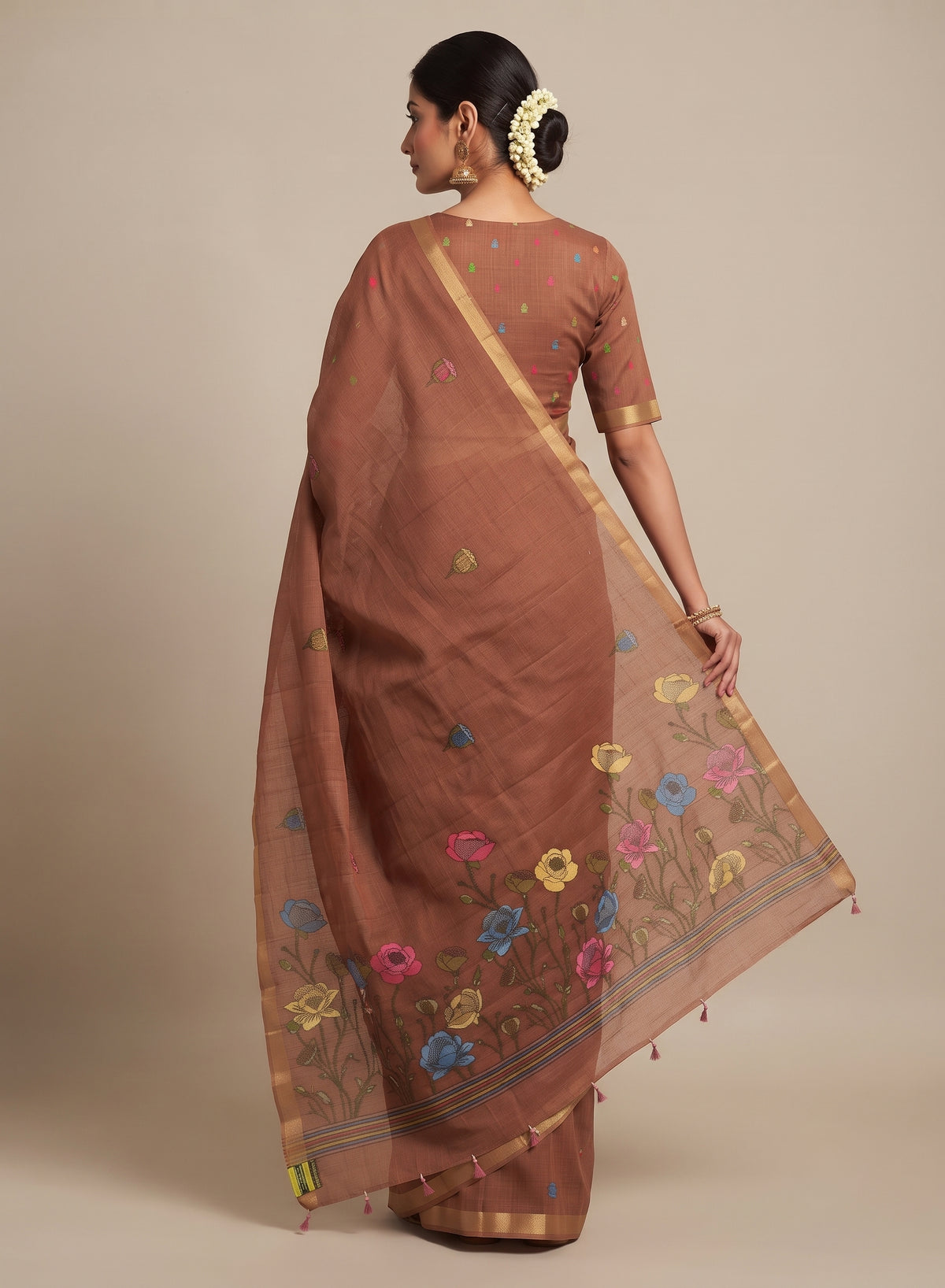 Tamra Rust Self-Striped Linen Cotton Saree