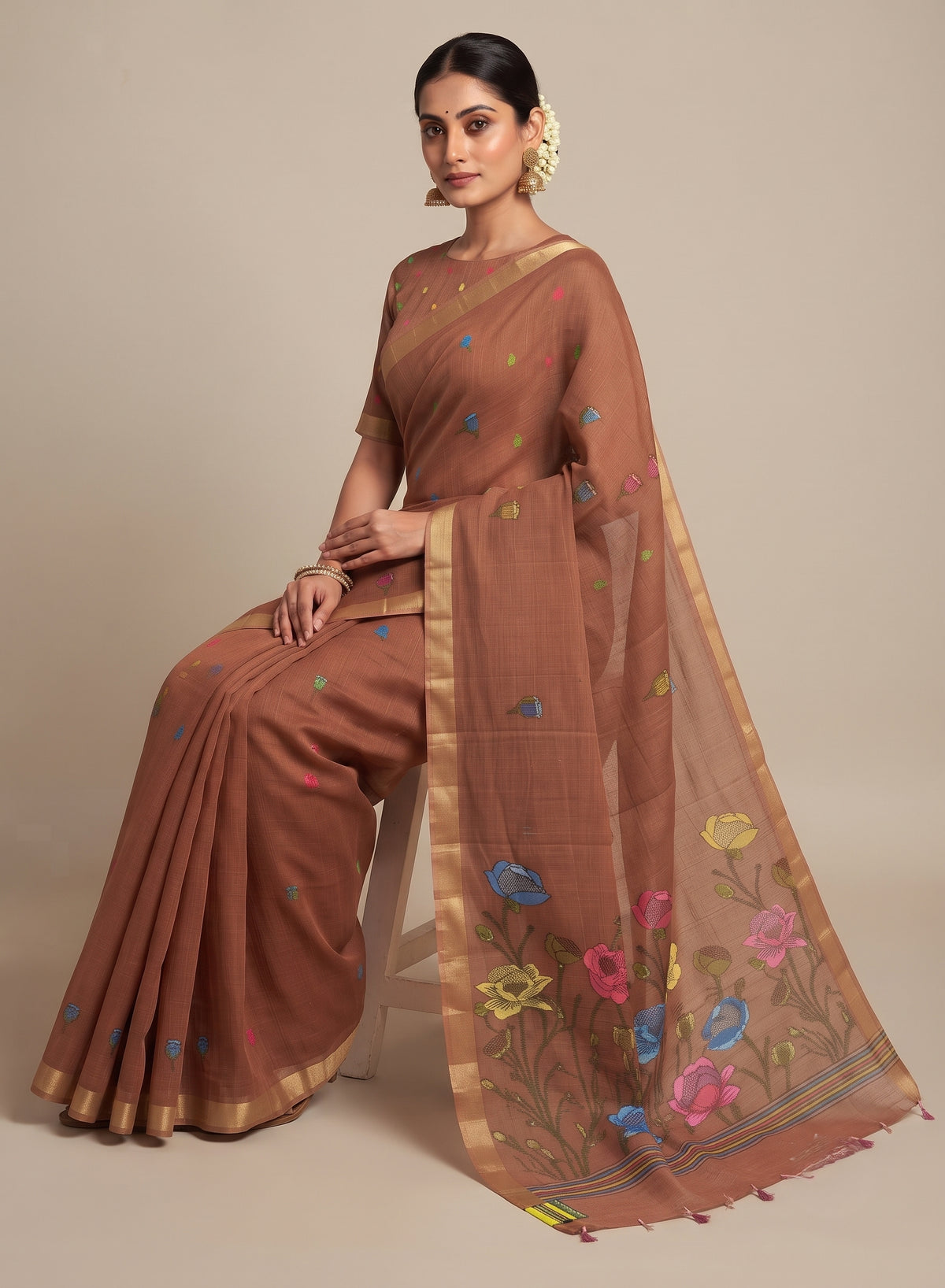 Tamra Rust Self-Striped Linen Cotton Saree