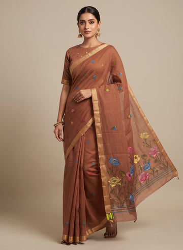 Tamra Rust Self-Striped Linen Cotton Saree