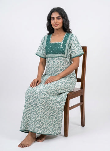 Teal Green Floral Block Print Cotton Nighty – Quilted Square Yoke