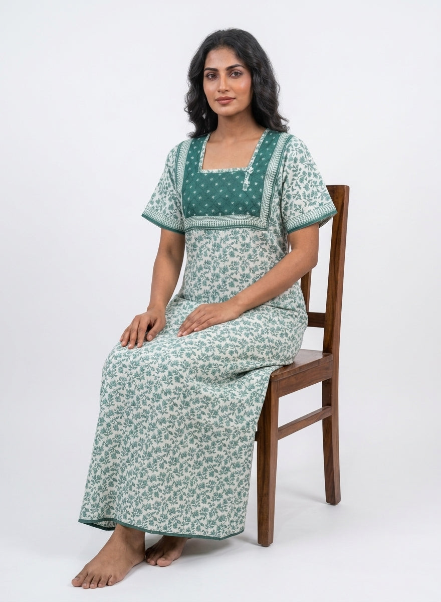 Teal Green Floral Block Print Cotton Nighty – Quilted Square Yoke
