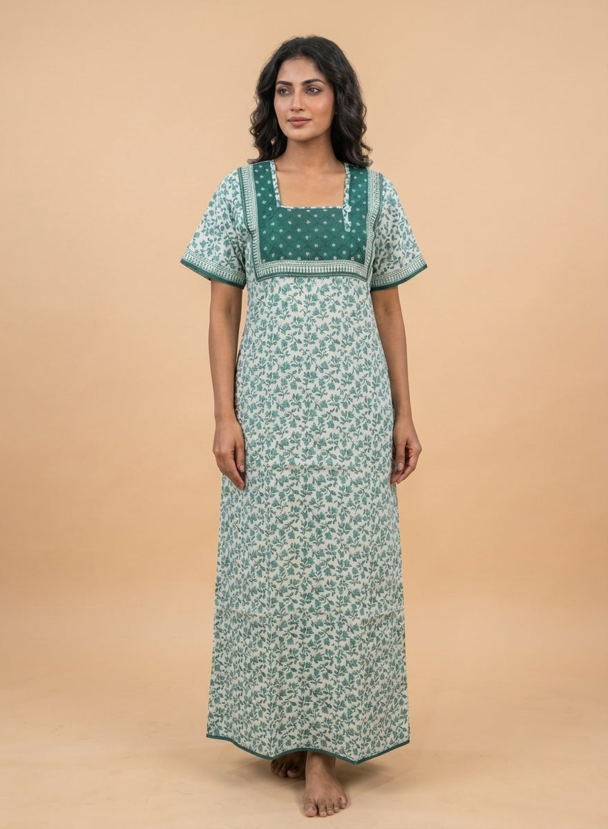 Teal Green Floral Block Print Cotton Nighty – Quilted Square Yoke