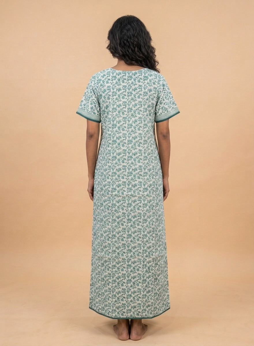 Teal Green Floral Block Print Cotton Nighty – Quilted Square Yoke