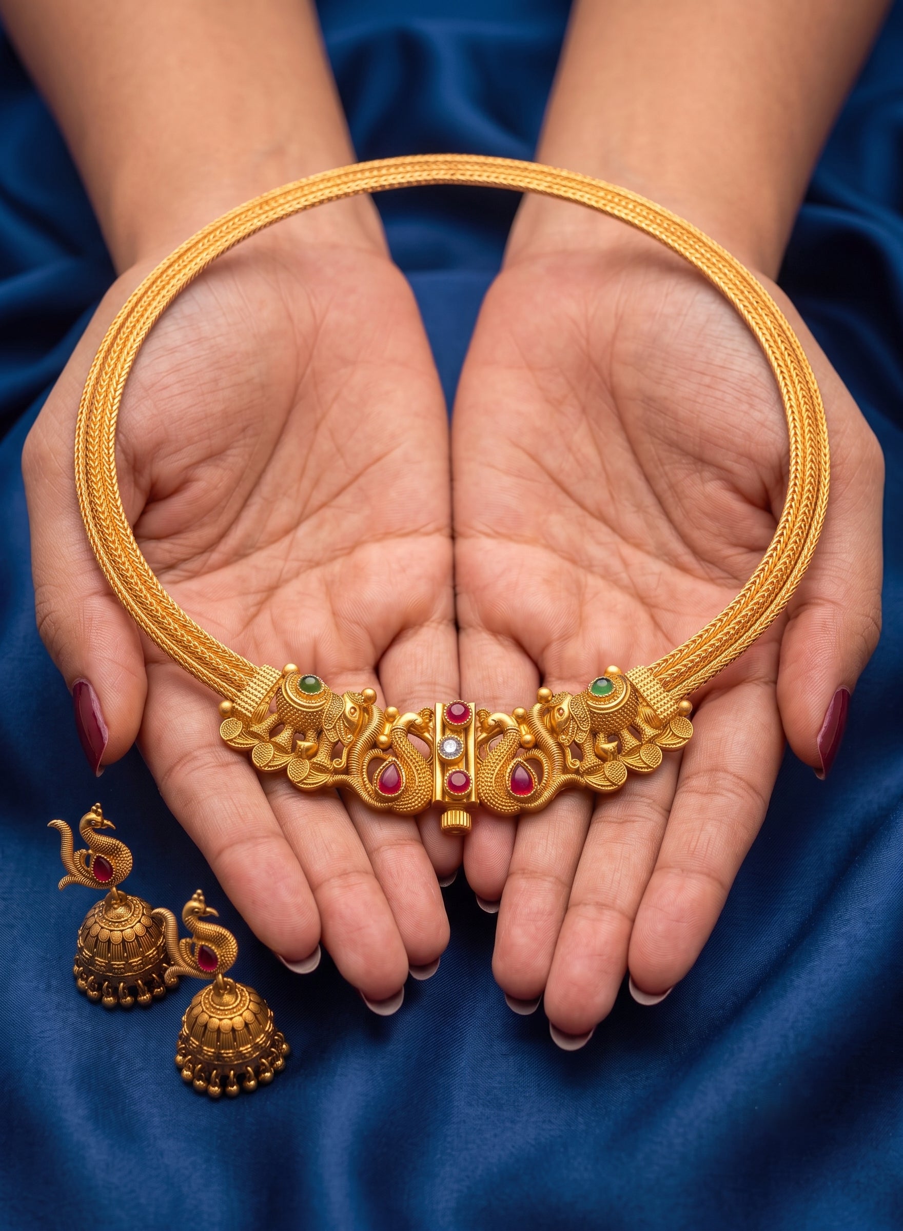 The Mayura Temple Gold Choker & Jhumka Set