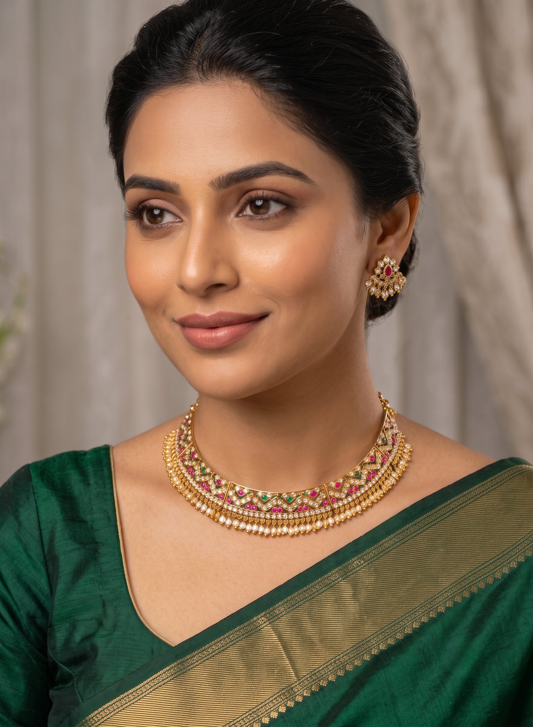 Traditional Gold-Plated CZ &amp; Stone Choker Set