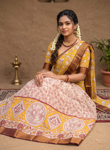 Kalamkari Silk Unstitched Lehenga Fabric 3pcs Set - Yellow
