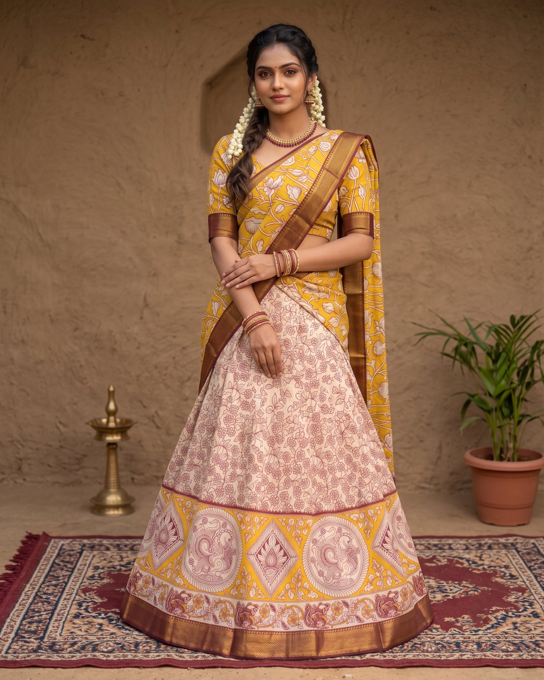 Kalamkari Silk Unstitched Lehenga Fabric 3pcs Set - Yellow