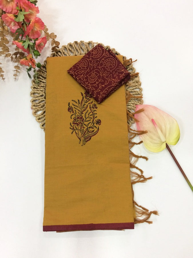Cotton Mix Block Printed Saree with Contrast Additional Blouse Piece