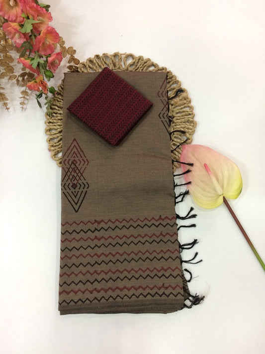 Cotton Mix Block Printed Saree with Contrast Additional Blouse Piece