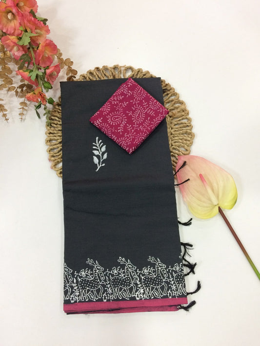 Cotton Mix Block Printed Saree with Contrast Additional Blouse Piece