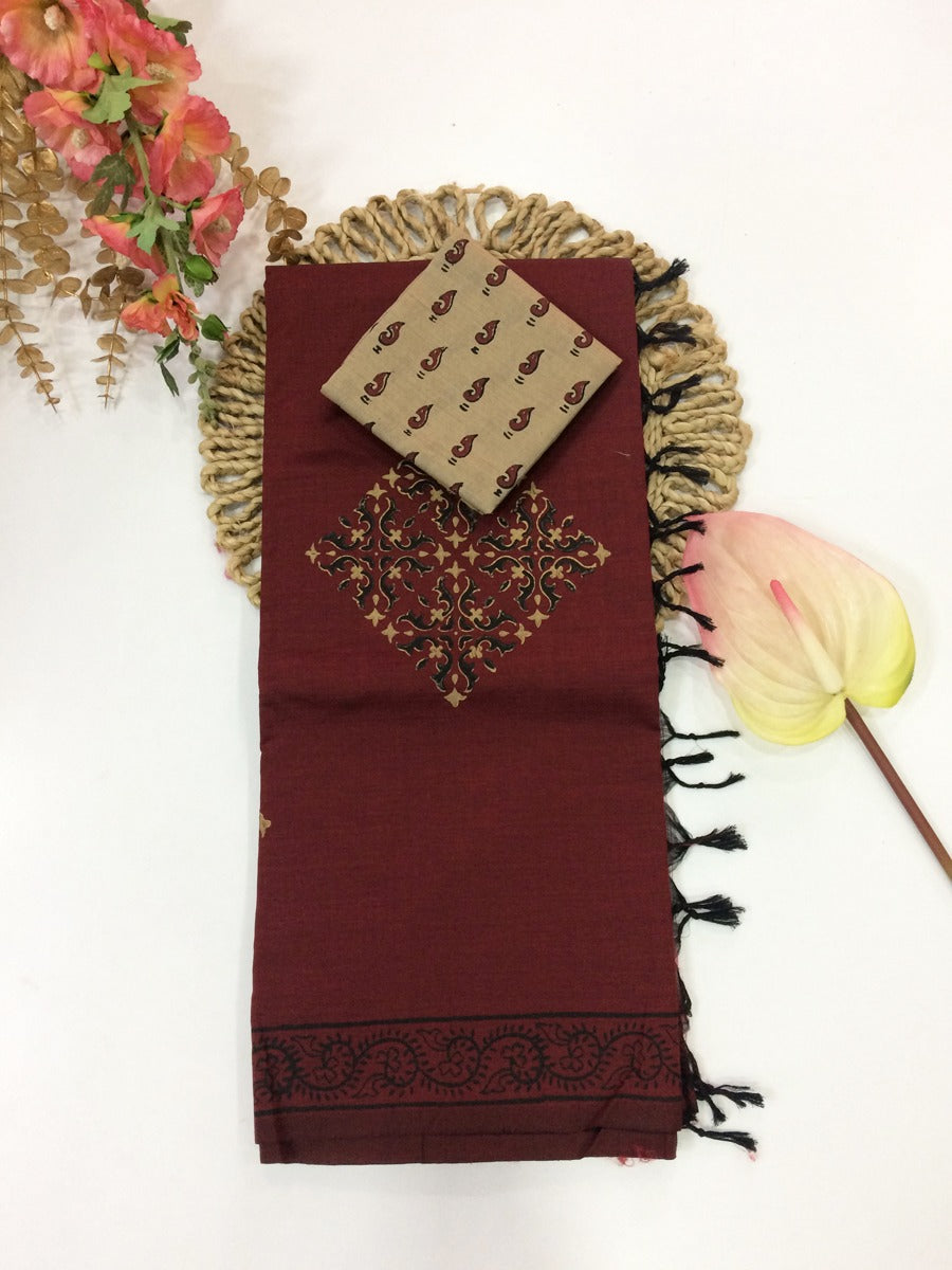 Cotton Mix Block Printed Saree with Contrast Additional Blouse Piece