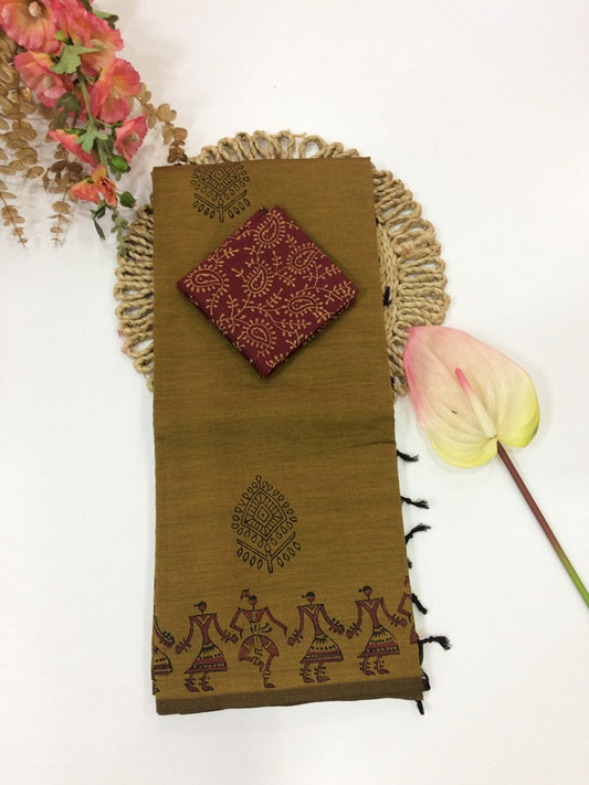 Cotton Mix Block Printed Saree with Contrast Additional Blouse Piece