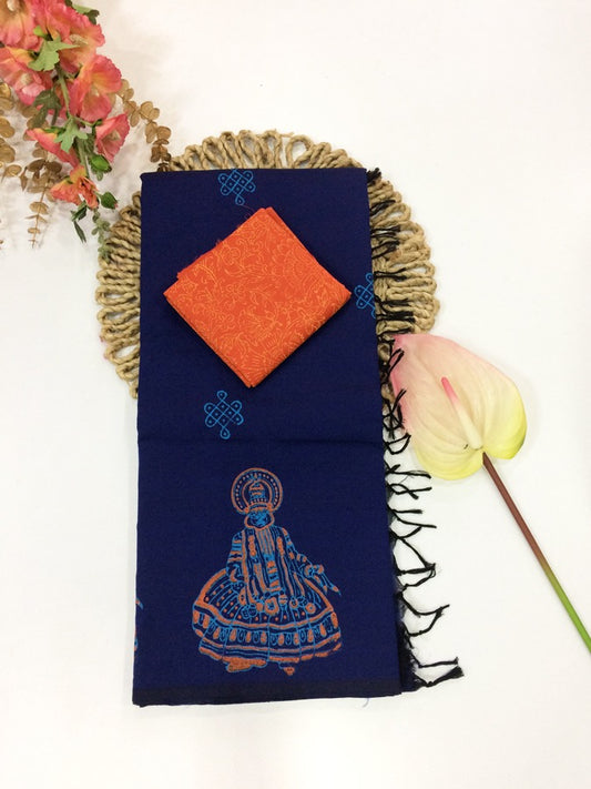 Cotton Mix Block Printed Saree with Contrast Additional Blouse Piece