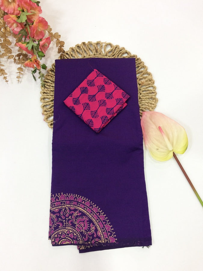 Cotton Mix Block Printed Saree with Contrast Additional Blouse Piece