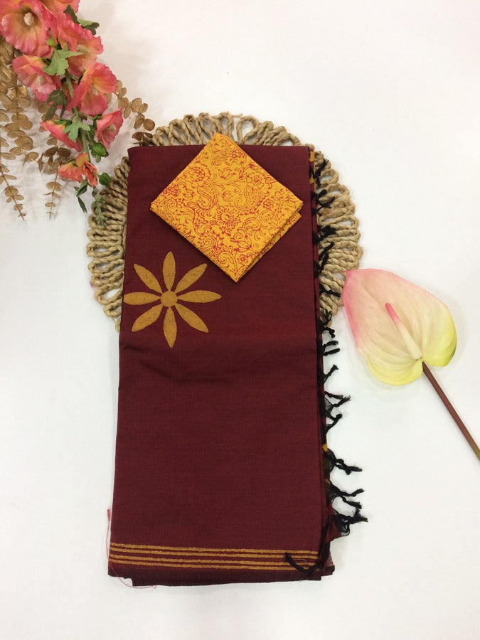 Cotton Mix Block Printed Saree with Contrast Additional Blouse Piece