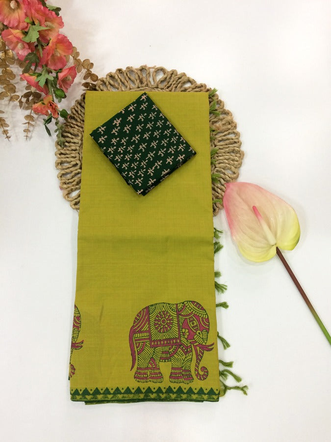 Cotton Mix Block Printed Saree with Contrast Additional Blouse Piece