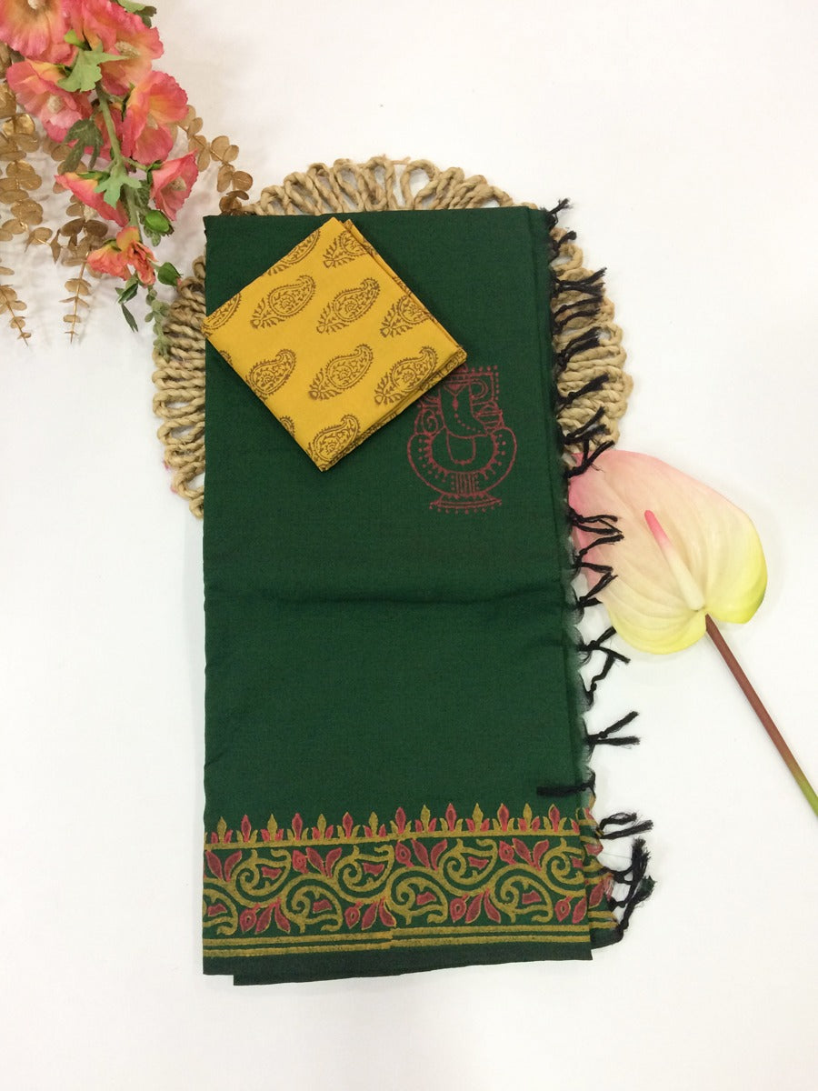 Cotton Mix Block Printed Saree with Contrast Additional Blouse Piece