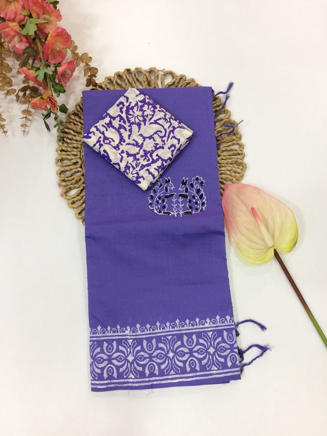 Cotton Mix Block Printed Saree with Contrast Additional Blouse Piece