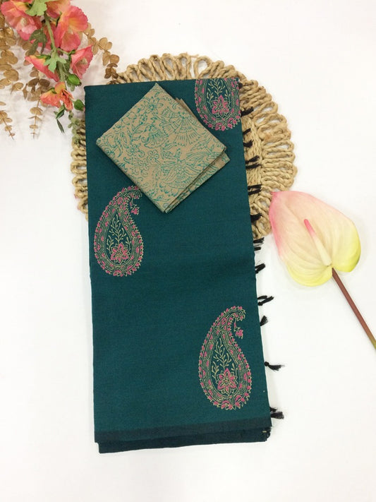 Cotton Mix Block Printed Saree with Contrast Additional Blouse Piece