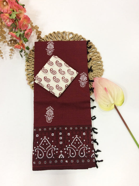 Cotton Mix Block Printed Saree with Contrast Additional Blouse Piece