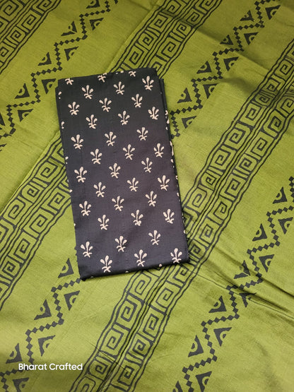 Cotton Mix Block Printed Saree with Contrast Additional Blouse Piece - Geo Stripes Green