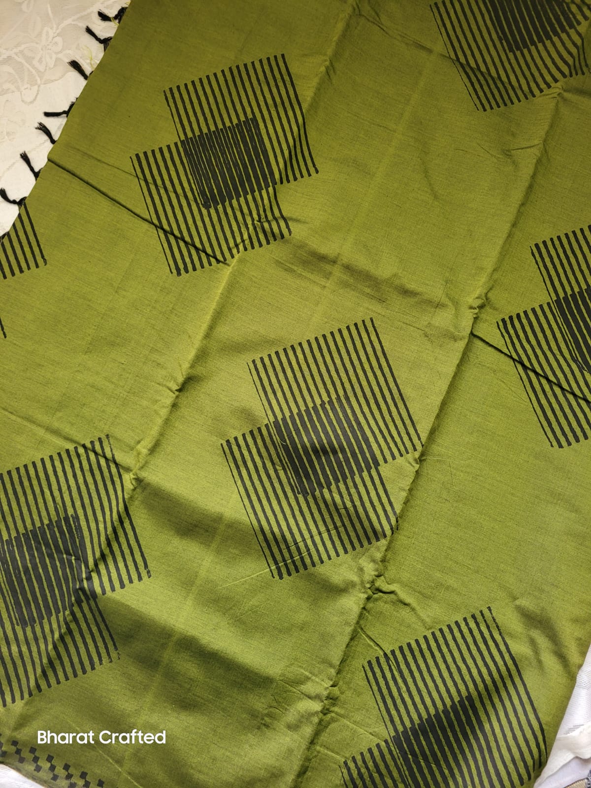 Cotton Mix Block Printed Saree with Contrast Additional Blouse Piece - Geo Stripes Green