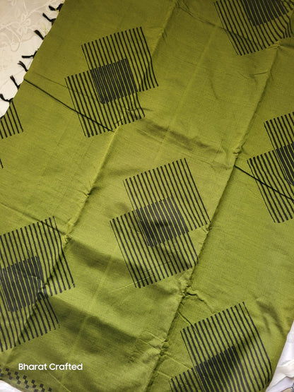 Cotton Mix Block Printed Saree with Contrast Additional Blouse Piece - Geo Stripes Green