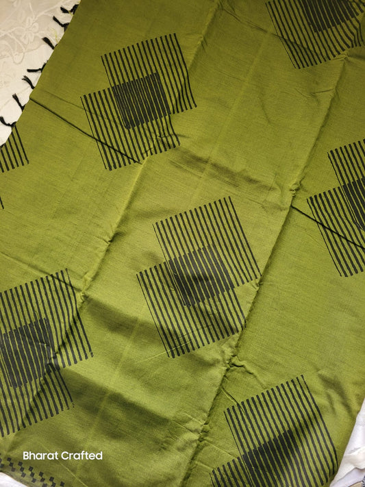 Cotton Mix Block Printed Saree with Contrast Additional Blouse Piece - Geo Stripes Green