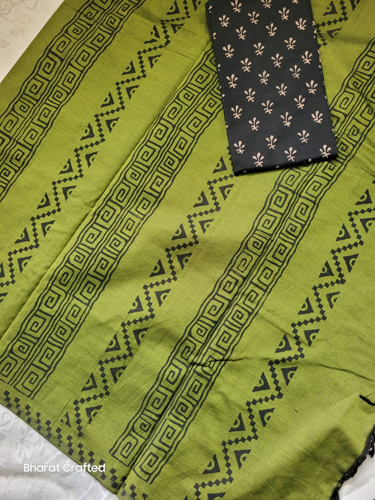 Cotton Mix Block Printed Saree with Contrast Additional Blouse Piece - Geo Stripes Green