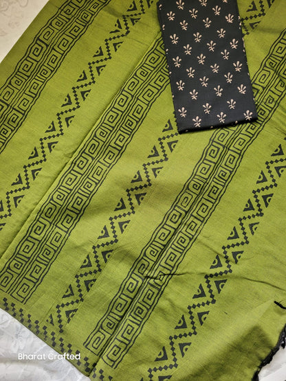 Cotton Mix Block Printed Saree with Contrast Additional Blouse Piece - Geo Stripes Green