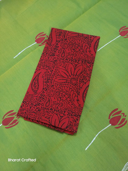 Cotton Mix Block Printed Saree with Contrast Additional Blouse Piece - Red Lotus