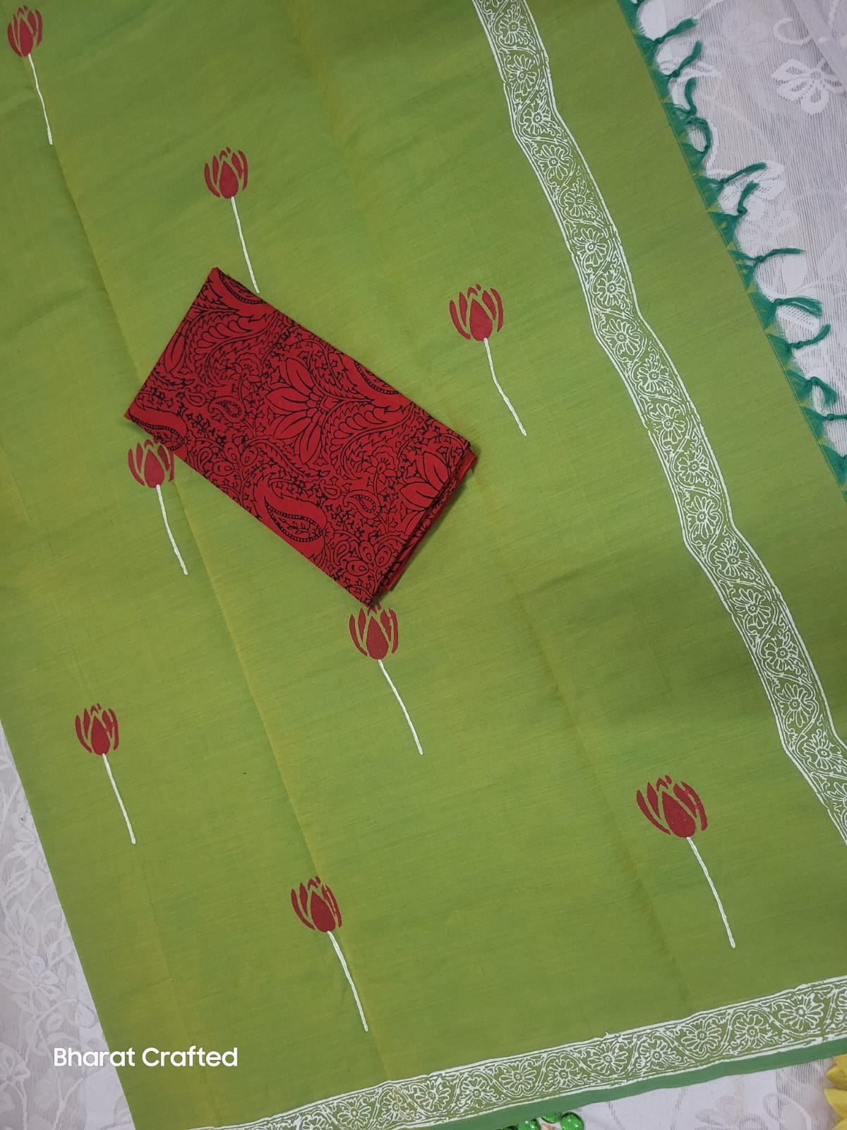 Cotton Mix Block Printed Saree with Contrast Additional Blouse Piece - Red Lotus