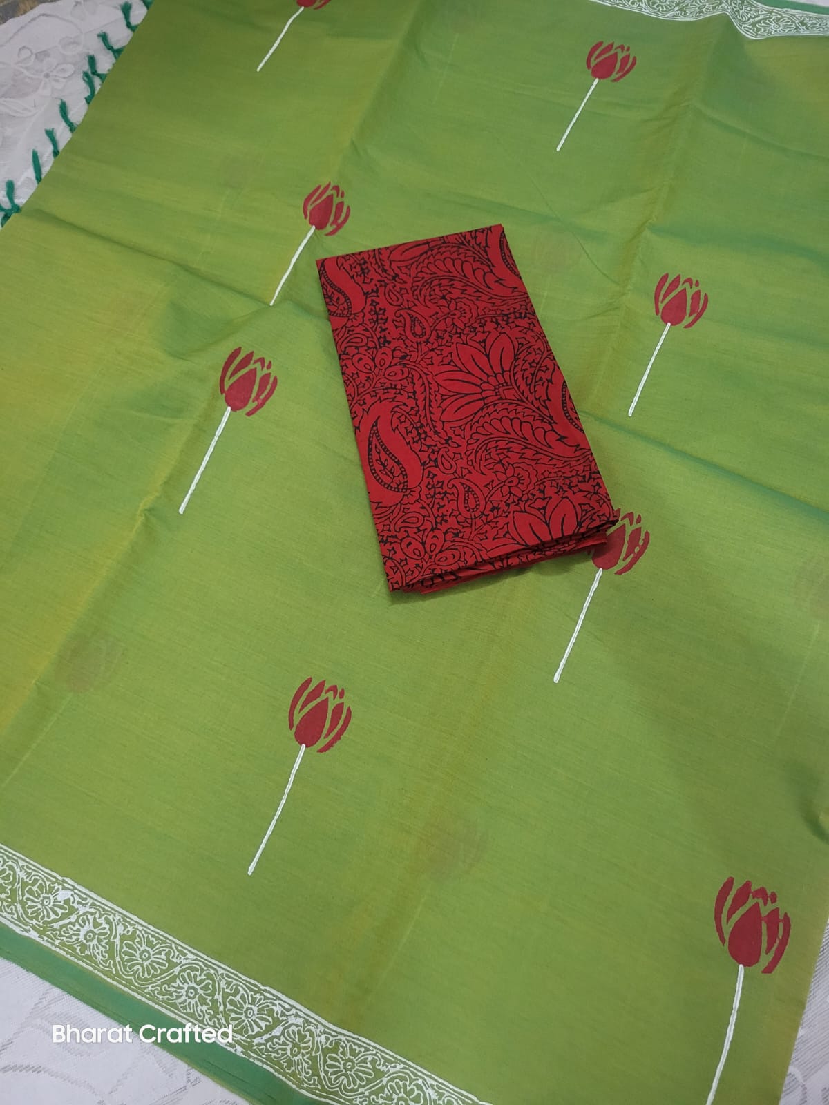 Cotton Mix Block Printed Saree with Contrast Additional Blouse Piece - Red Lotus