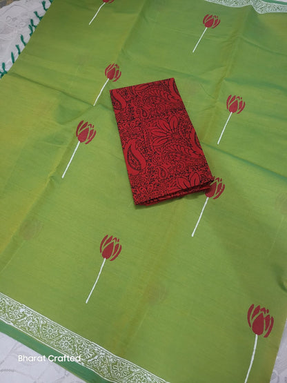 Cotton Mix Block Printed Saree with Contrast Additional Blouse Piece - Red Lotus